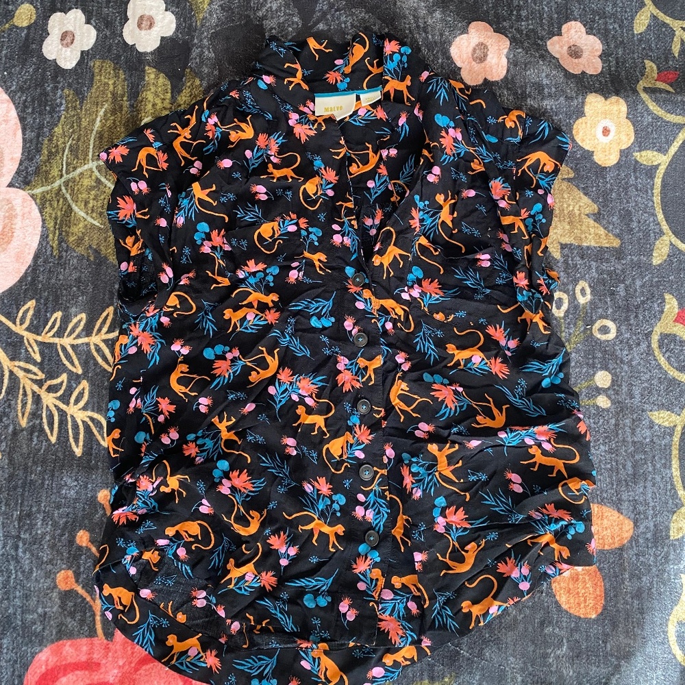 Black Button up top with monkey designs
